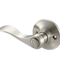 Brass Privacy Door Lever And 3 Pack Hinges In Satin Nickel Finish for bedroom or bathroom interior doors, side view of handle