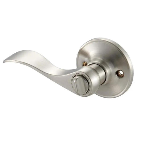 Brass Privacy Door Lever And 3 Pack Hinges In Satin Nickel Finish for bedroom or bathroom interior doors, side view of handle