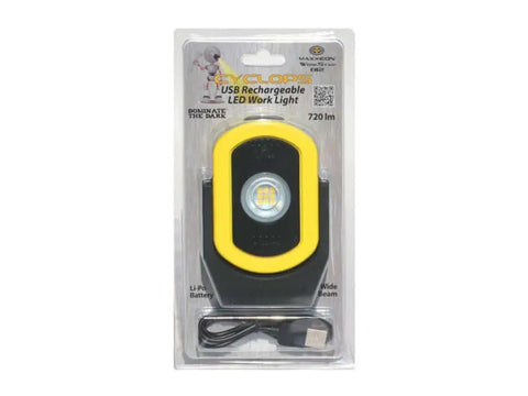 Packaging of Workstar 812 Cyclops Rechargeable Work Light with 720 Lumen High, HiViz Yellow, USB cable included