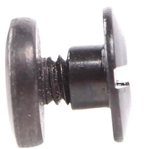 Heavy Duty Black Chicago Screws And Binding Posts For Leather Straps And Belts With Thru Hole Open Slot Design Perfect For Kydex Holster Repair And Rivet Replacement Built Damn Tough For Serious Grind Work Made In Usa Ten Pack close-up view of a black Chicago screw.