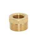 Brass NPT hex reducer bushing, close-up view, 1/4 in male to 1/2 in female pipe fitting