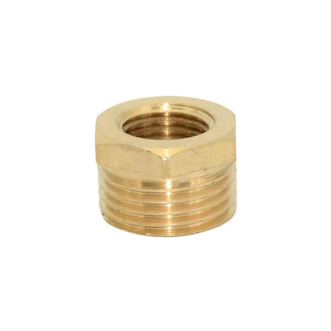 Brass NPT hex reducer bushing, close-up view, 1/4 in male to 1/2 in female pipe fitting