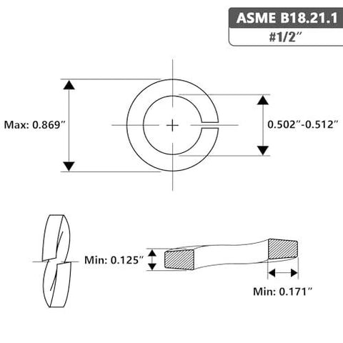 Front and side views of a 1/2 in split lock washer, 0.869 in outer diameter, 304 stainless steel, 25 pcs