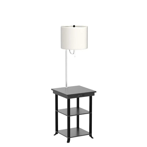 59.5 Inch Floor Lamp End Table With Dope USB And USB C Charging Station And Power Outlet Bedside Nightstand Lamp Attached Space Saving Table For Bedroom Ava White photographed against white backdrop
