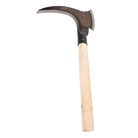 Long Handled Manganese Steel Multi Functional Sickle For Weeding And Harvesting With Ergonomic No Sweat Grip, wooden handle view