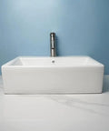 USZWBY Vessel Sinks Bathroom Vessel Sink Simple Ceramic Above-Ground Basin with sleek faucet and blue background.