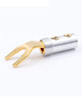 Premium Gold Plated Banana Plug And Screw Spade Fork Terminal Set For Speaker Wire Hookup Bullet Style Audio Cable Connectors Solid Copper close-up of gold fork terminal.