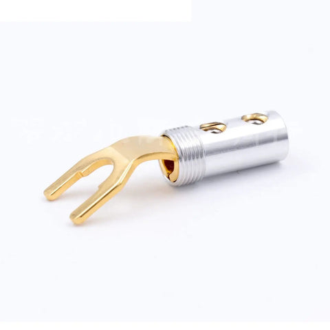 Premium Gold Plated Banana Plug And Screw Spade Fork Terminal Set For Speaker Wire Hookup Bullet Style Audio Cable Connectors Solid Copper close-up of gold fork terminal.