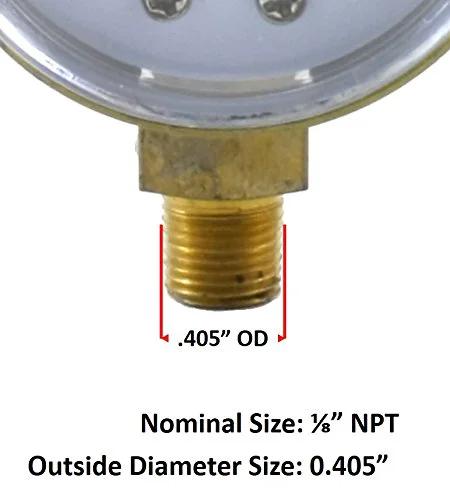 SÜA oxygen regulator pressure gauge, close-up brass 1/8 in NPT thread, 0.405 in OD