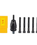 Heavy Duty Pneumatic And Cordless Rivet Nut Gun Head With Five Replacement Mandrels Featuring A Self Locking Quick Swap Design, including a black nut head and screws.