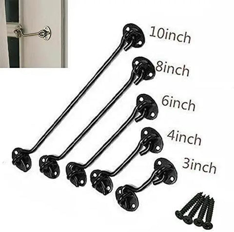 Cabin Hook and Eye Latch for Gate Door Window Barn Shed Stainless Steel, various lengths of black hooks with screws.
