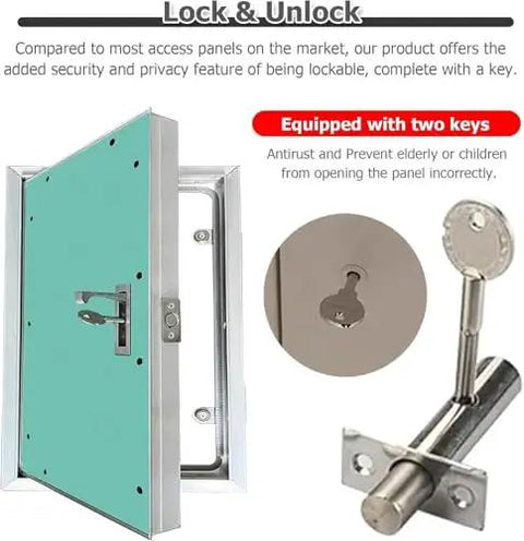 Adjustable Drywall Access Panel With Keyed Lock And Fire Rated Aluminum Shell Hidden Inspection Door for walls, with lock mechanism.