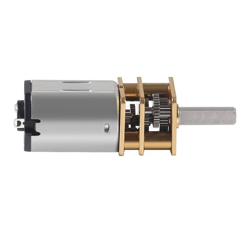 Side view of GA12 N20 12V 100RPM Gear Motor with reducer, showing metal gears and shaft for DIY robots and drones.