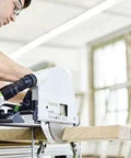 Precision Plunge Saw Featuring Slick Blade Swap Tech And Anti Splinter Guard For Crisp Cuts On Any Build in action on wooden material.