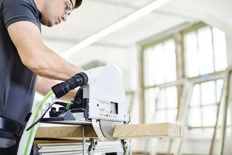 Precision Plunge Saw Featuring Slick Blade Swap Tech And Anti Splinter Guard For Crisp Cuts On Any Build in action on wooden material.