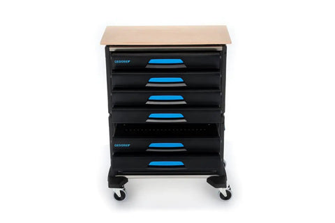 Hella Sturdy Tool Cart With Six Roomy Drawers And Premium Wood Worktop Rolling Shop Trolley Aluminum Body front view.