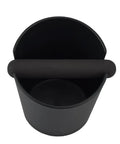 Top view of Coffee Knock Box Pro Round With Shock Absorbent Base And Removable Bar Non Slip, featuring a black durable design.