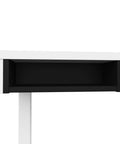 Badass L Shape Standing Desk With Smooth Height Adjustment 72 Inch Wide white surface with black open storage drawer underneath for organization.