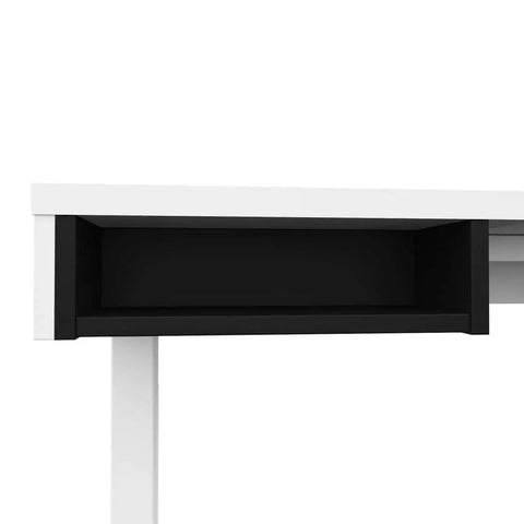 Badass L Shape Standing Desk With Smooth Height Adjustment 72 Inch Wide white surface with black open storage drawer underneath for organization.