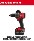 Milwaukee cordless drill/driver with attached bi-metal hole saw; red and black body, 1/2-inch chuck.