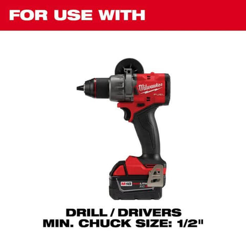 Milwaukee cordless drill/driver with attached bi-metal hole saw; red and black body, 1/2-inch chuck.