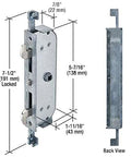 Sliding Patio Door Mortise Lock For Two Panel Systems, Genuine OEM Replacement Hardware with dimensions and dual hook design