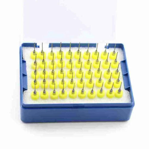 Carbide PCB Engraving Drill Bits Set for CNC Router Wood and Metal Cutting, 0.5mm to 1.2mm Micro Engraving Bits, 50-Piece Kit in box