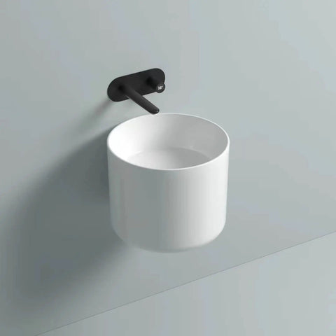 Bathroom Sink Cylindrical White Ceramic Bathroom Vessel Sink Wall Mount Bathroom Sink No Overflow Hole Porcelain Vanity Sink Basin, Ceramic Sink Only Lavatory Vanity with black faucet.