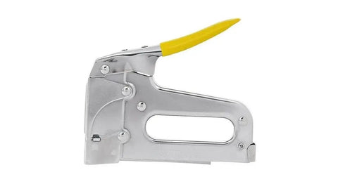 Heavy Duty Staple Gun With Rear Load Magazine For Voice And Data Cables And Wiring, chrome finish, yellow handle, side view