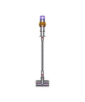 V15 Detect Cordless Vacuum Cleaner With Laser Illumination That Reveals Microscopic Dust The Boss Level In Intelligent Suction For Fast Pro Cleanups At Home In Yellow Nickel Finish showing front view with slim design.