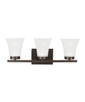 Bayfield Three Light Wall Bath Vanity Fixture In Bronze with satin glass shades, modern steel frame, 6.63 x 20 x 7.75 inch design.