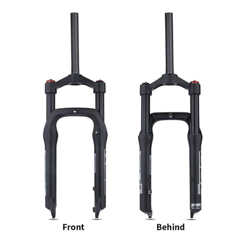 Snow Beach Fat Bike Front Suspension Fork With 120Mm Travel 135Mm Spacing 20 Inch Wheel Four Point Zero Tire Lightweight Alloy Build shown front and back view.