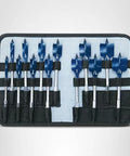 Bosch 13-piece Daredevil spade bit set in a black roll-up pouch with blue bits, front view