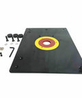 Hella Heavy Duty 9 By 12 Inch Router Table Insert Plate Features 3 8 Inch Thick Reinforced High Pressure Plastic Build laid flat with accessories.