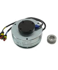 Front view: electromagnetic brake assembly for forklift; round chrome housing with black top, wiring harness, and knurled ring.