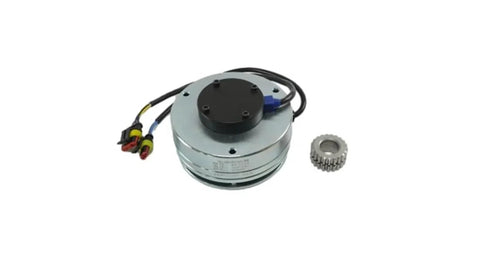 Front view: electromagnetic brake assembly for forklift; round chrome housing with black top, wiring harness, and knurled ring.