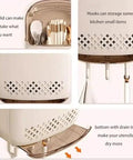 Wall Mount Utensil Holder With Lid and Drainage No Drill Easy Install Strong Load Bearing Storage Box Transparent Dustproof Cover Beige Organizer For Kitchen And Bathroom, showing details like hooks and drainage tray.