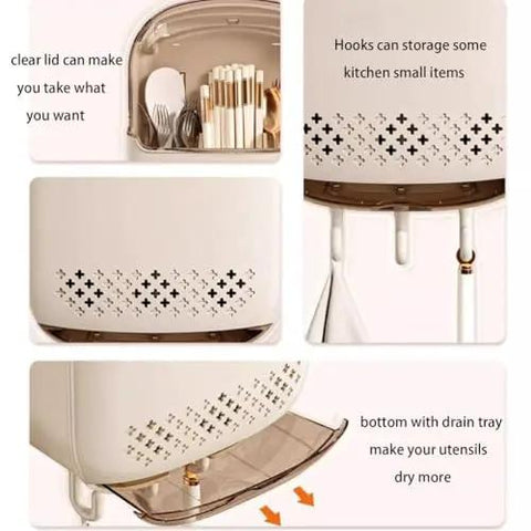 Wall Mount Utensil Holder With Lid and Drainage No Drill Easy Install Strong Load Bearing Storage Box Transparent Dustproof Cover Beige Organizer For Kitchen And Bathroom, showing details like hooks and drainage tray.