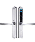 Tough As Nails Waterproof Gate Lock Featuring Fingerprint Scan Smart App Control And Keypad Access For Aluminum Or Iron Doors Quick Biometric Entry Hella Secure Outdoor Hardware You Can Trust close-up of silver electronic keypad lock with fingerprint scanner.