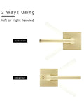 Gold Satin Brass Lever Door Handles For Interior Doors, Keyless Passage Style, showing left and right hand configurations.