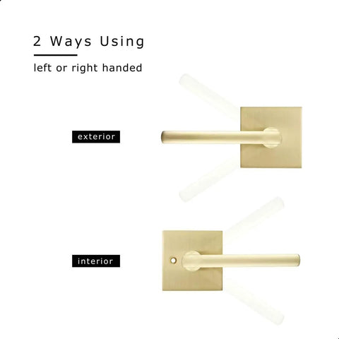 Gold Satin Brass Lever Door Handles For Interior Doors, Keyless Passage Style, showing left and right hand configurations.