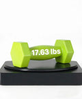 360 Degree Motorized Rotating Display Stand For Photography Products showcasing a 17.63 lbs green dumbbell on a black platform.