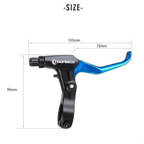 Blue brake lever with 135x95mm dimensions, Lightweight Aluminum Alloy Mountain Bike Brake Lever Set For V Shaped Handlebars Ride Ready High Performance Gold Finish Ergonomic Grip For Smooth Stops And Precise Control On Mountain Rides labeled size guide.
