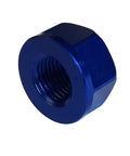 Close-up of blue M10 bike wheel hub axle nut, made from 7075 aluminum, used for road and MTB replacement, heavy duty hardware.