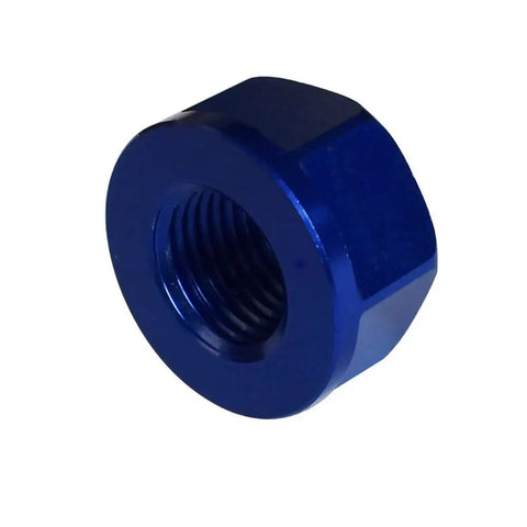 Close-up of blue M10 bike wheel hub axle nut, made from 7075 aluminum, used for road and MTB replacement, heavy duty hardware.