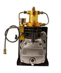 Hella Tough Electric Submersible Pump High Pressure Air Inflator And Liquid Transfer System 4500 Psi 220V with metal casing and hose fittings.