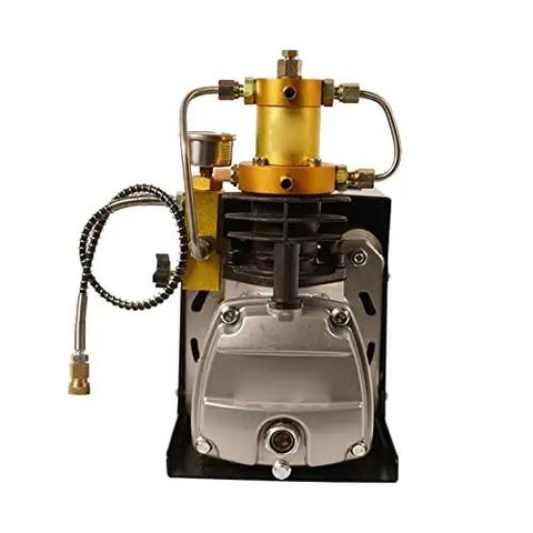 Hella Tough Electric Submersible Pump High Pressure Air Inflator And Liquid Transfer System 4500 Psi 220V with metal casing and hose fittings.