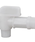 Heavy Duty Plastic Drum Spigot Built To Nix The Drip Drama And Keep Pouring Dead Simple For Three Quarter NPT Water Tanks One Inch Outer Diameters And Six Gallon Jerrycans close-up view, showing white plastic material and threaded outlet.