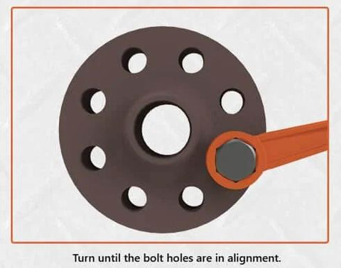 Flange alignment with tool showing bolt holes aligned, demonstrating Pair Of 3/4 Inch Flange Alignment Pins In Black 4140 Steel Heat Treated.