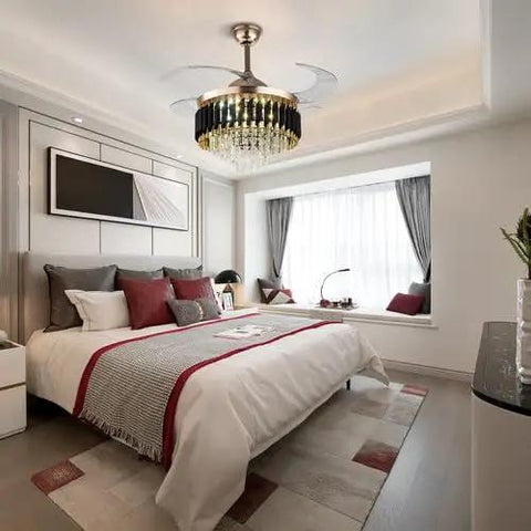 TTbhfui 42 Inch 3-Color Invisible Crystal LED Ceiling Fan Light with Remote in a modern bedroom setting.